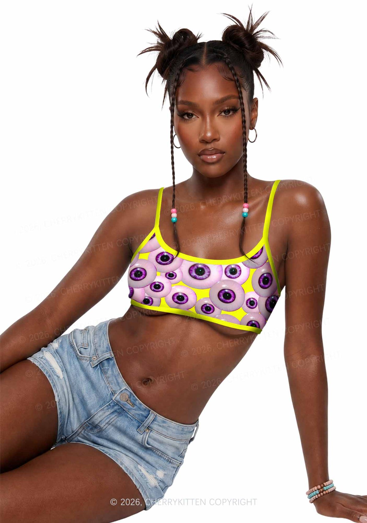 Halloween Purple Eyeballs Y2K Print Super Crop Cami Cherrykitten