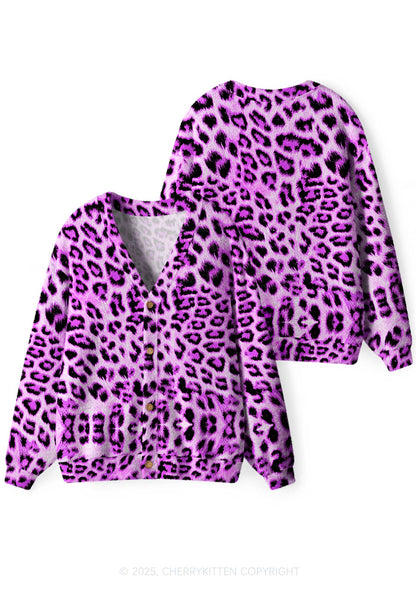 Dark Purple Leopard Y2K Christmas Cardigan Knit Sweatshirt Cherrykitten