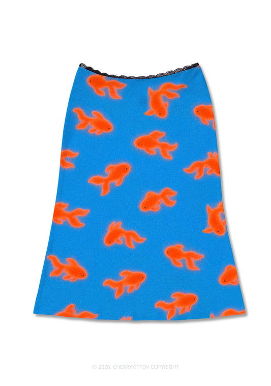 Orange Goldfish On Blue Y2K Print Midi Skirt Cherrykitten