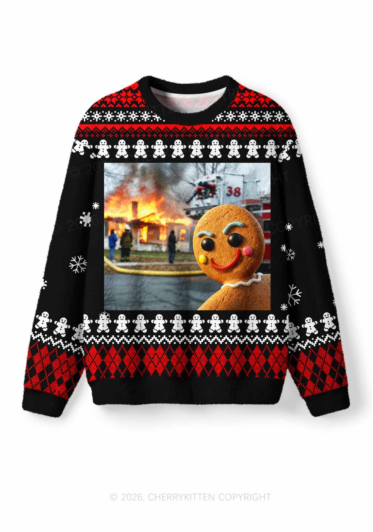 Gingerbread Man Burning House Y2K Knit Sweatshirt Cherrykitten