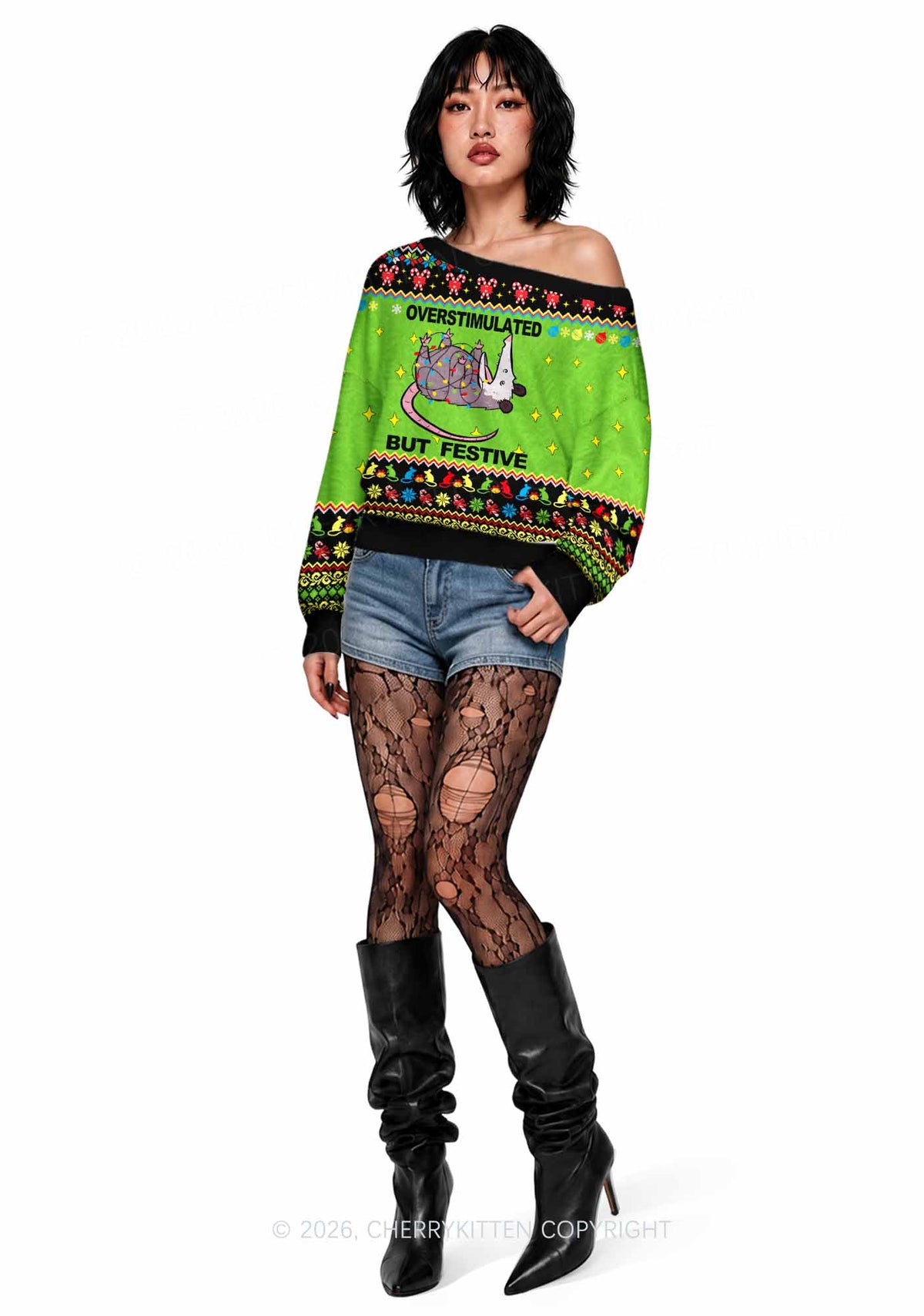 Overstimulated But Festive Y2K Off Shoulder Knit Sweatshirt Cherrykitten