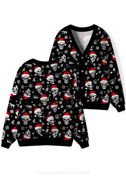 Skull Santa Y2K Christmas Cardigan Knit Sweatshirt Cherrykitten