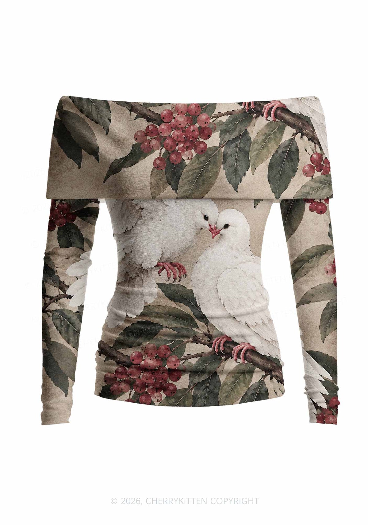 Two Loving Doves On Branch Y2K Off Shoulder Fold Over Knit Top Cherrykitten