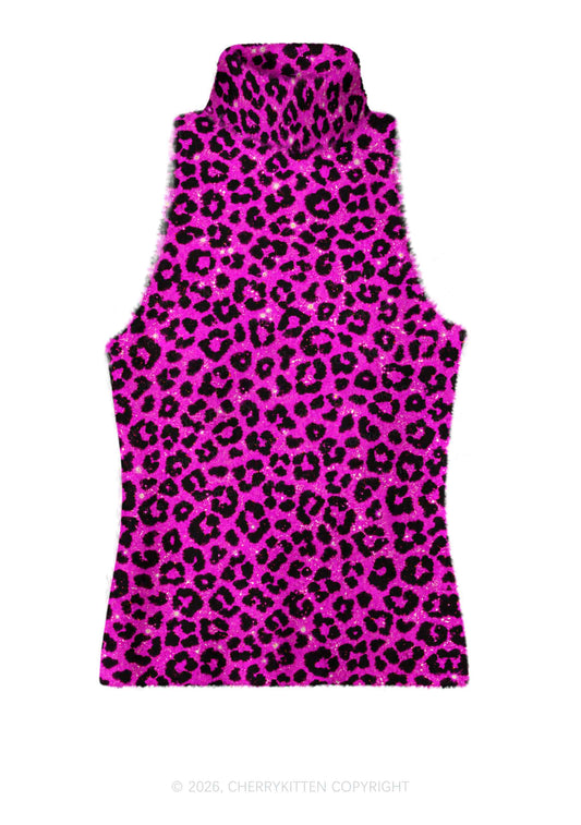 Hot Pink Leopard Y2K Knit Turtleneck Tank Top Cherrykitten