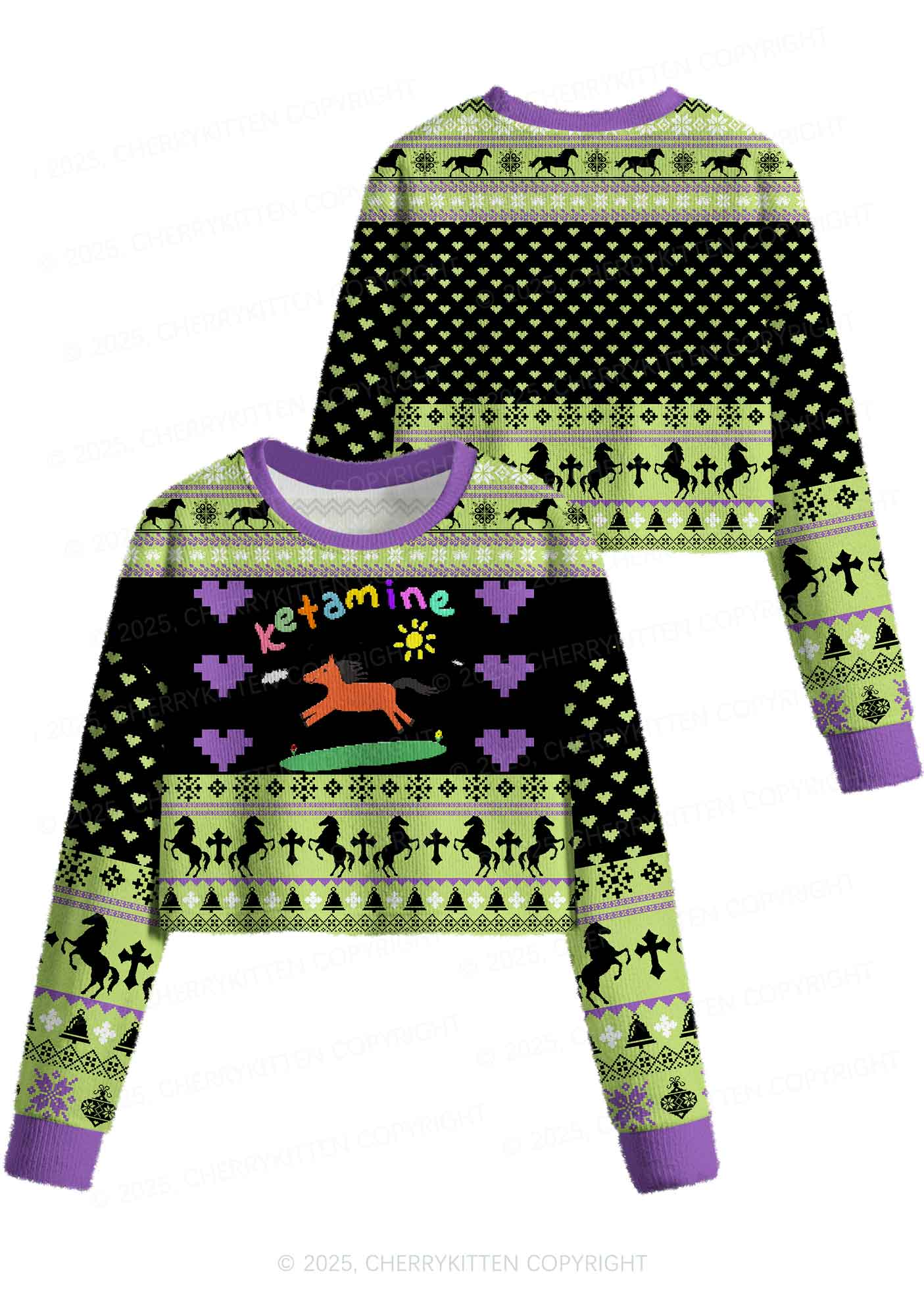 Green K Pony Y2K Christmas Crop Knit Sweatshirt Cherrykitten