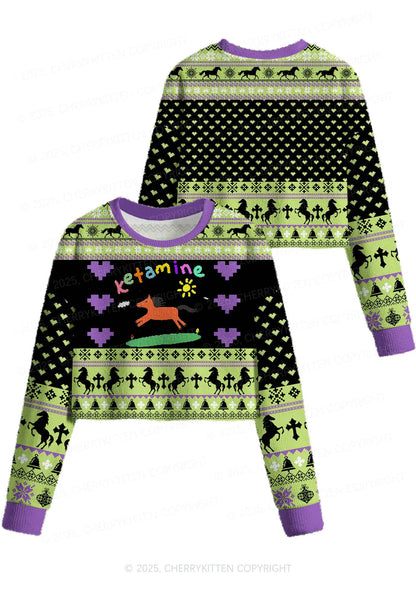 Green K Pony Y2K Christmas Crop Knit Sweatshirt Cherrykitten
