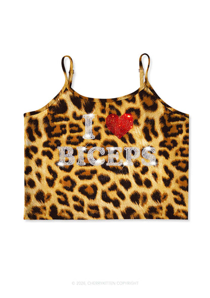 Rhinestone I Love Biceps Y2K Brown Leopard Print Cami Crop Top Cherrykitten