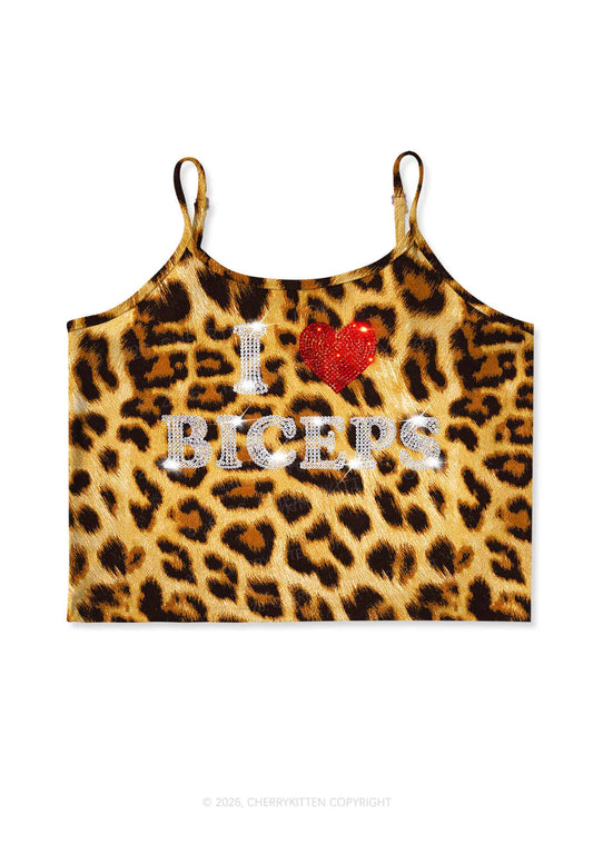 Rhinestone I Love Biceps Y2K Brown Leopard Print Cami Crop Top Cherrykitten
