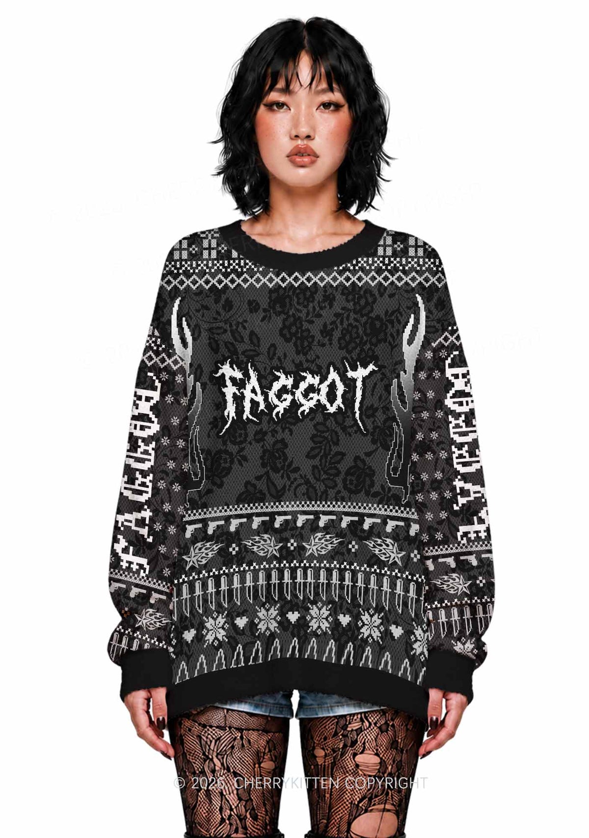 Punk Faggot Pride Y2K Christmas Knit Sweatshirt Cherrykitten