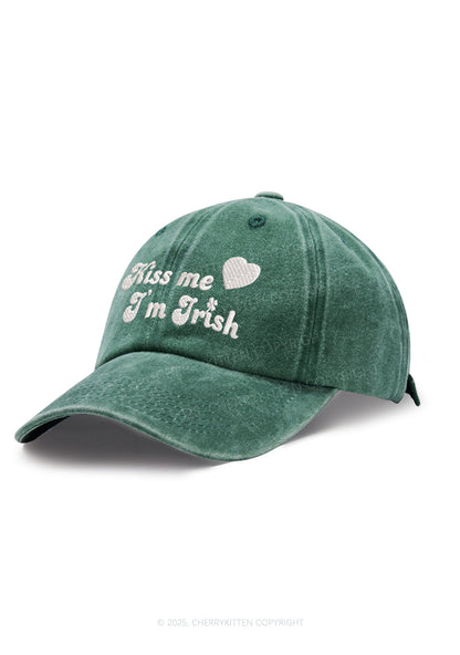 Embroidered Kiss Me St Patricks Y2K Washed Baseball Cap Cherrykitten