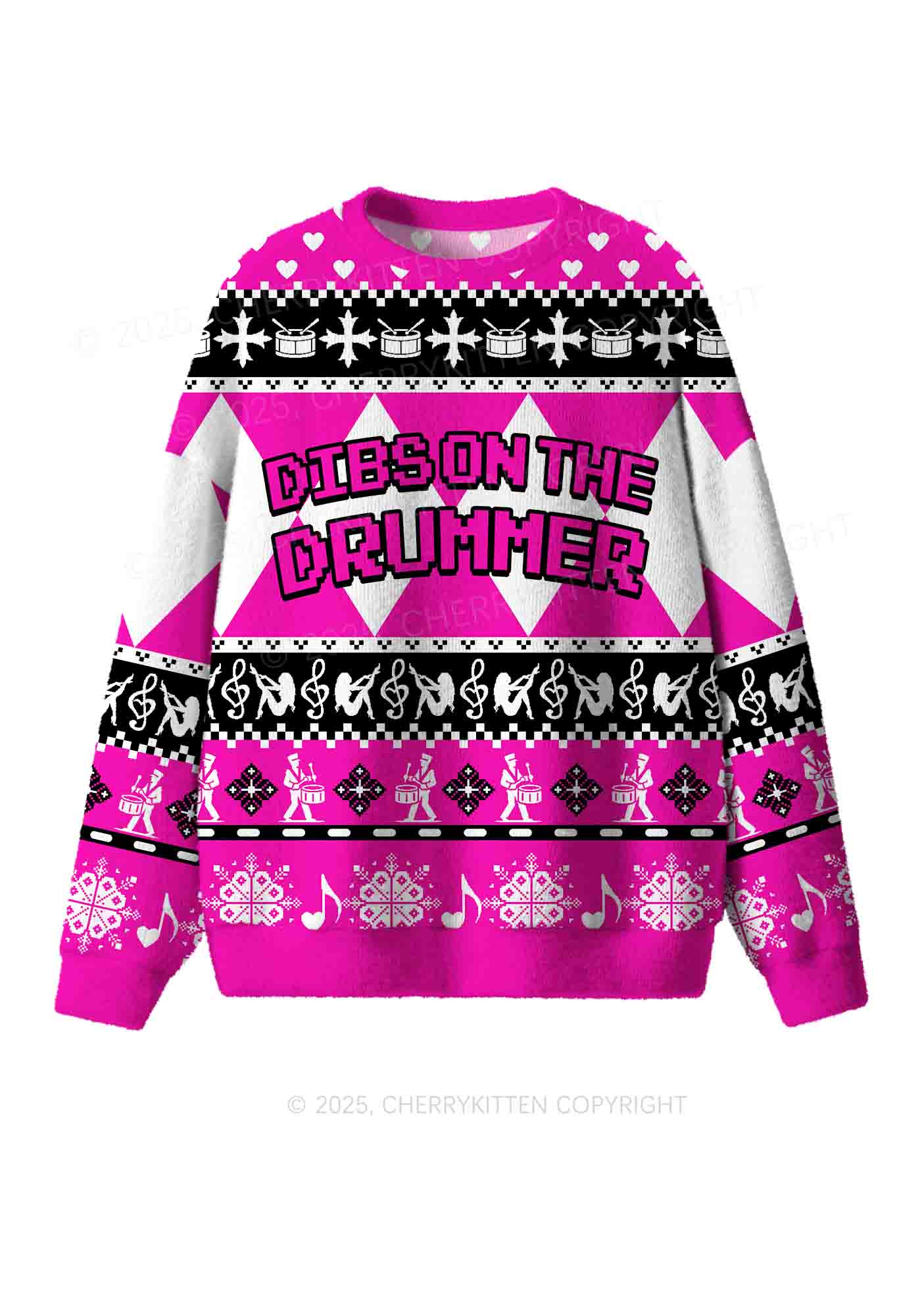 Hot Pink Dibs On The Drummer Y2K Christmas Knit Sweatshirt Cherrykitten