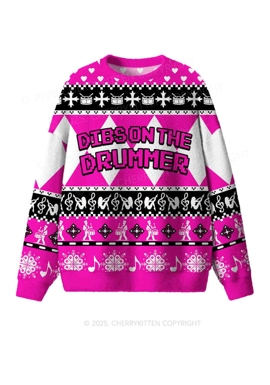 Hot Pink Dibs On The Drummer Y2K Christmas Knit Sweatshirt Cherrykitten