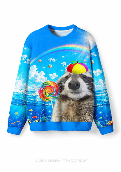 Rainbow Lollipop Raccoon Y2K Knit Sweatshirt Cherrykitten