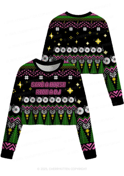 Ride A DJ Y2K Christmas Crop Knit Sweatshirt Cherrykitten