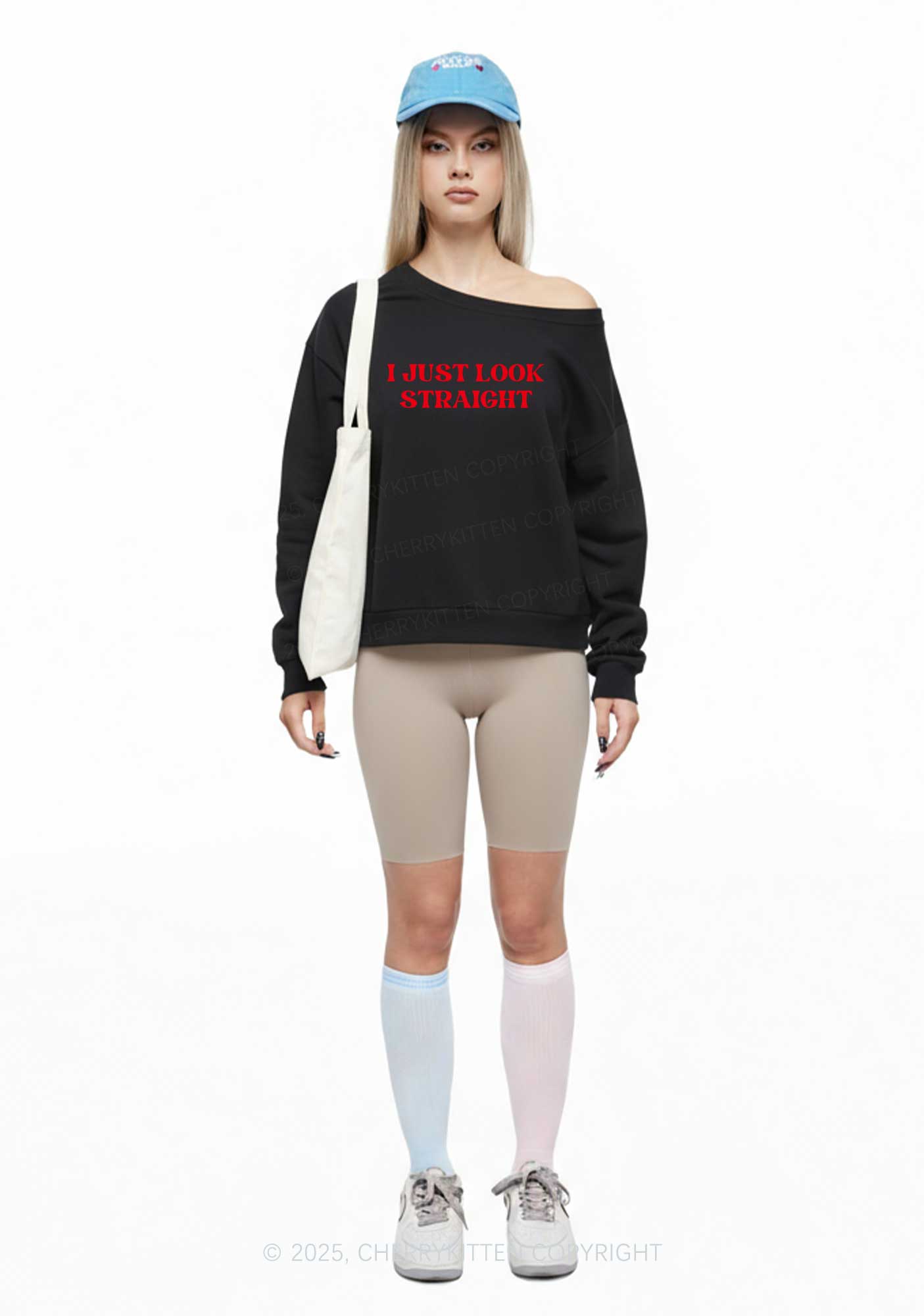 I Just Look Straight Pride Y2K Off Shoulder Sweatshirts Cherrykitten