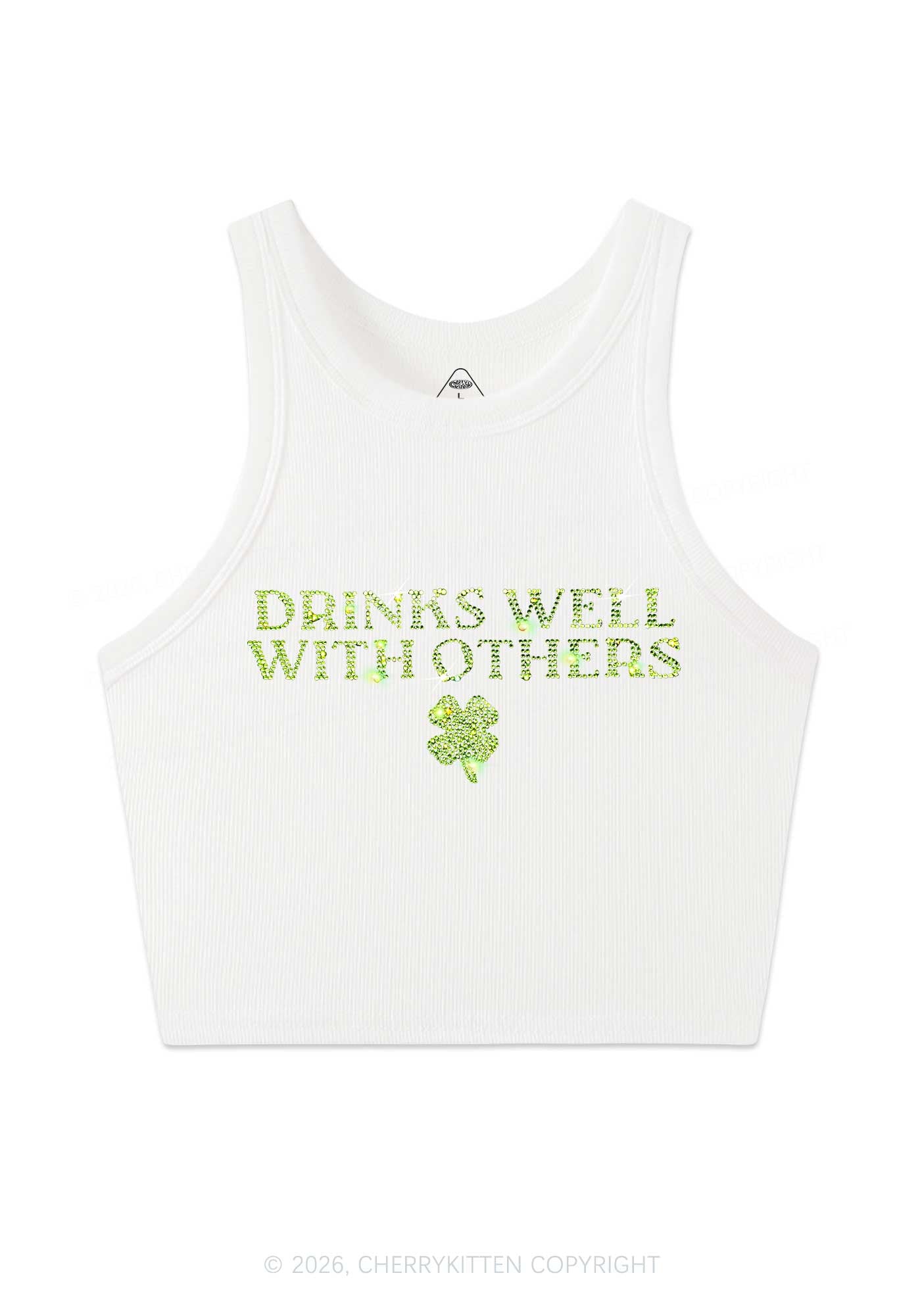 Rhinestone Drinks Well With Others St Patricks Y2K Crop Tank Top Cherrykitten