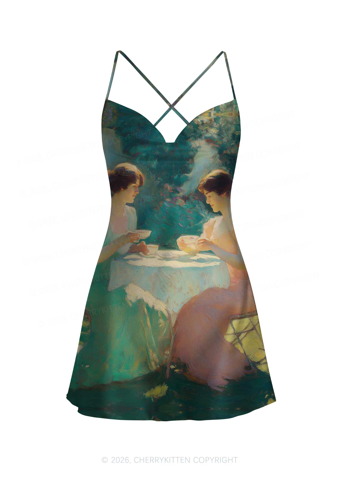Retro Lady Tea Time Pride Y2K Print Satin Cowl Neck Slip Dress Cherrykitten