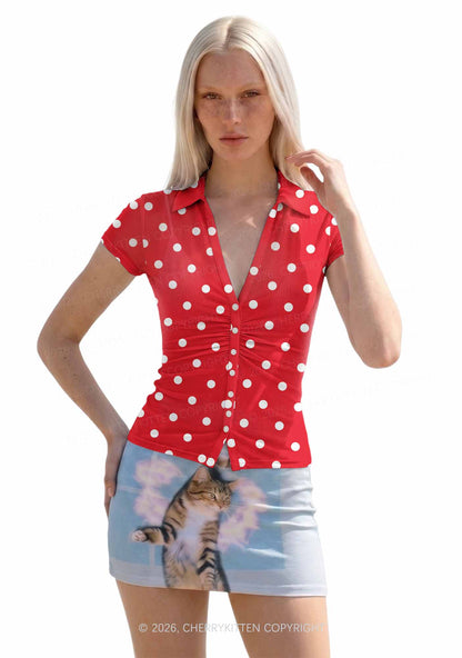 Classic Red Dots Y2K Mesh Ruched  Waist  V Neck Top Cherrykitten