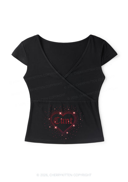 Rhinestone Love Cxxt Y2K Wrap V Neck T Shirts Cherrykitten