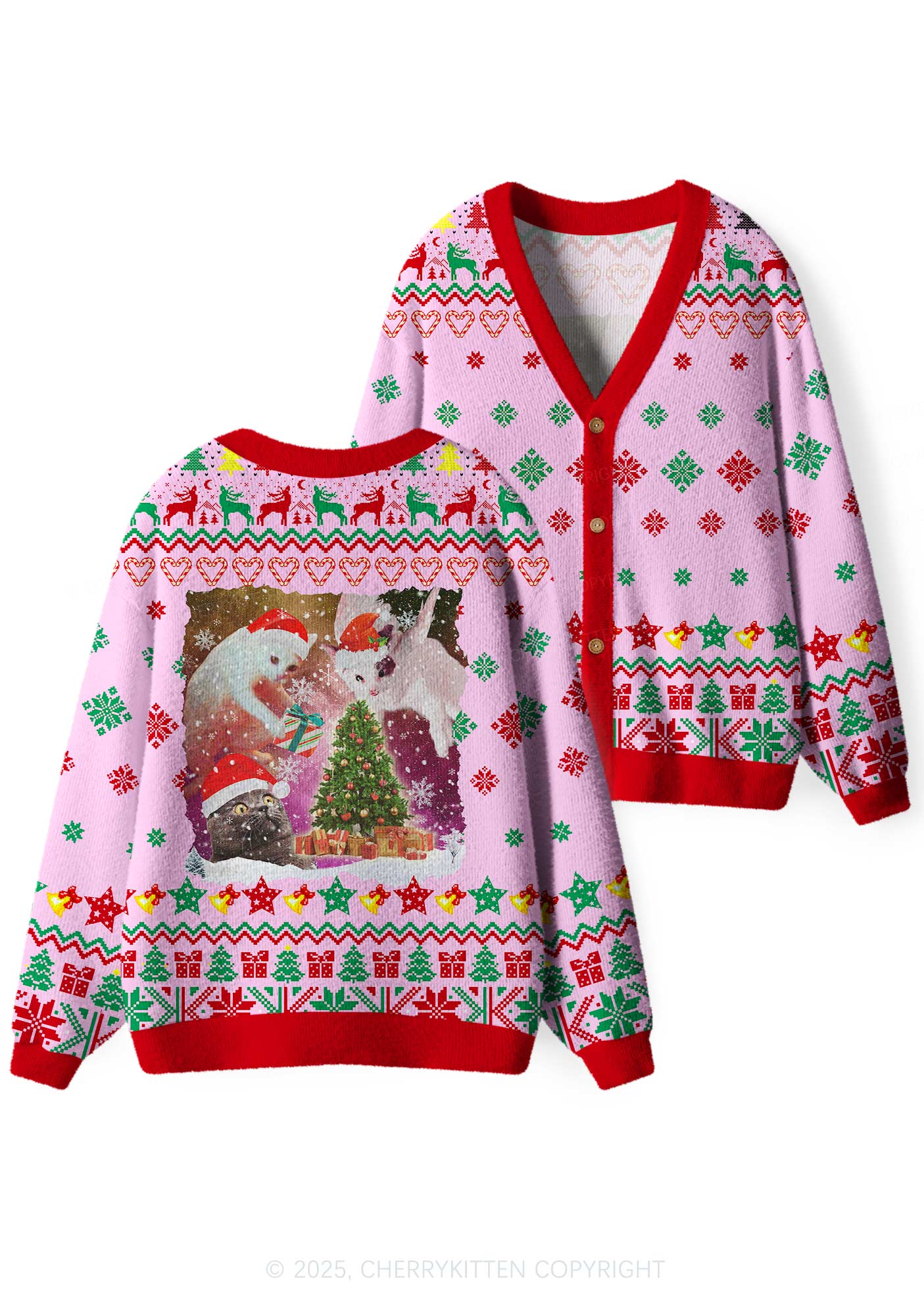 Cats Gift Y2K Christmas Cardigan Knit Sweatshirt Cherrykitten