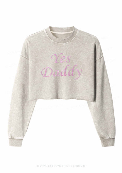 Rhinestone Yes Daddy Y2K Crop Washed Sweatshirts Cherrykitten