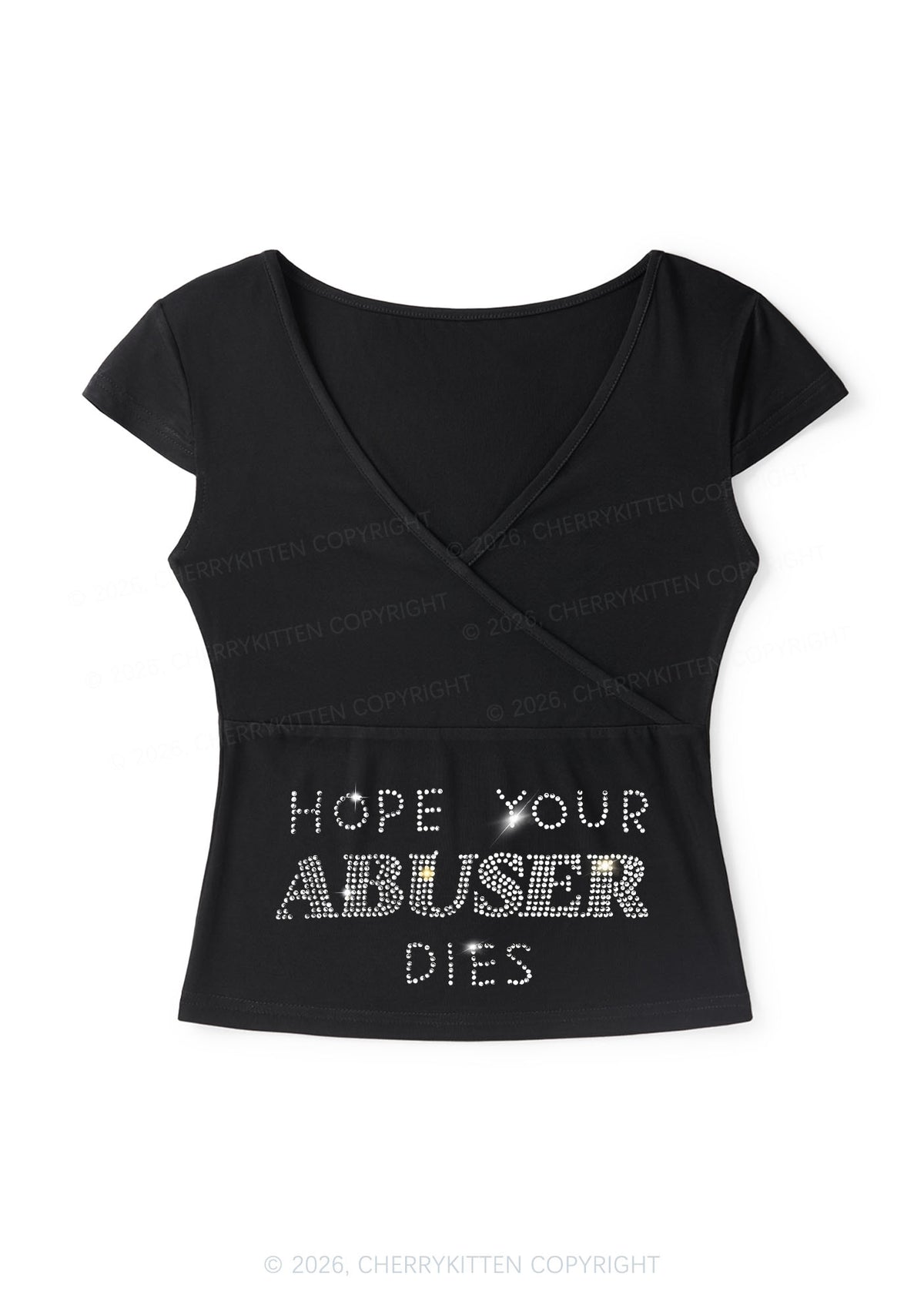 Rhinestone Abuser Dies Y2K Wrap V Neck T Shirts Cherrykitten