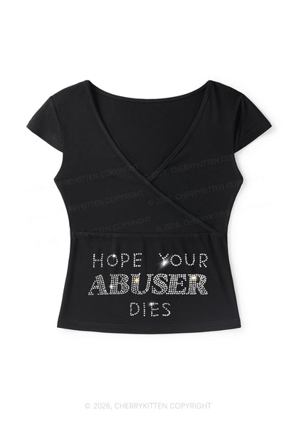 Rhinestone Abuser Dies Y2K Wrap V Neck T Shirts Cherrykitten