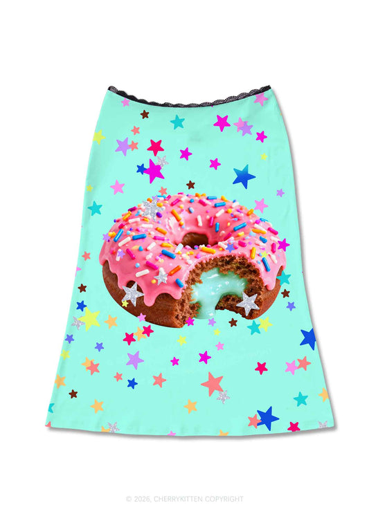 Pink Donut On Mint Green Y2K Print Midi Skirt Cherrykitten