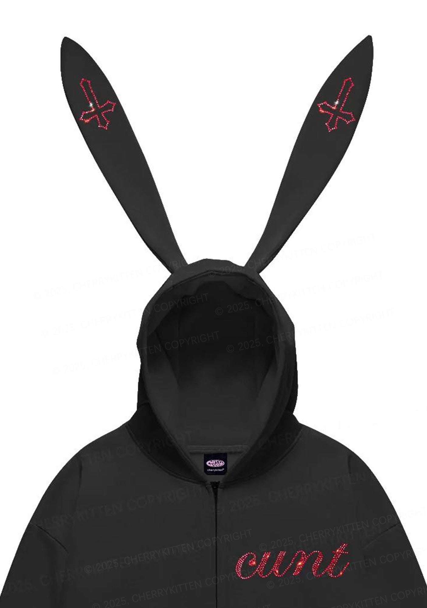 Rhinestone Cxxt Y2K Bunny Ear Zip Hoodie Cherrykitten