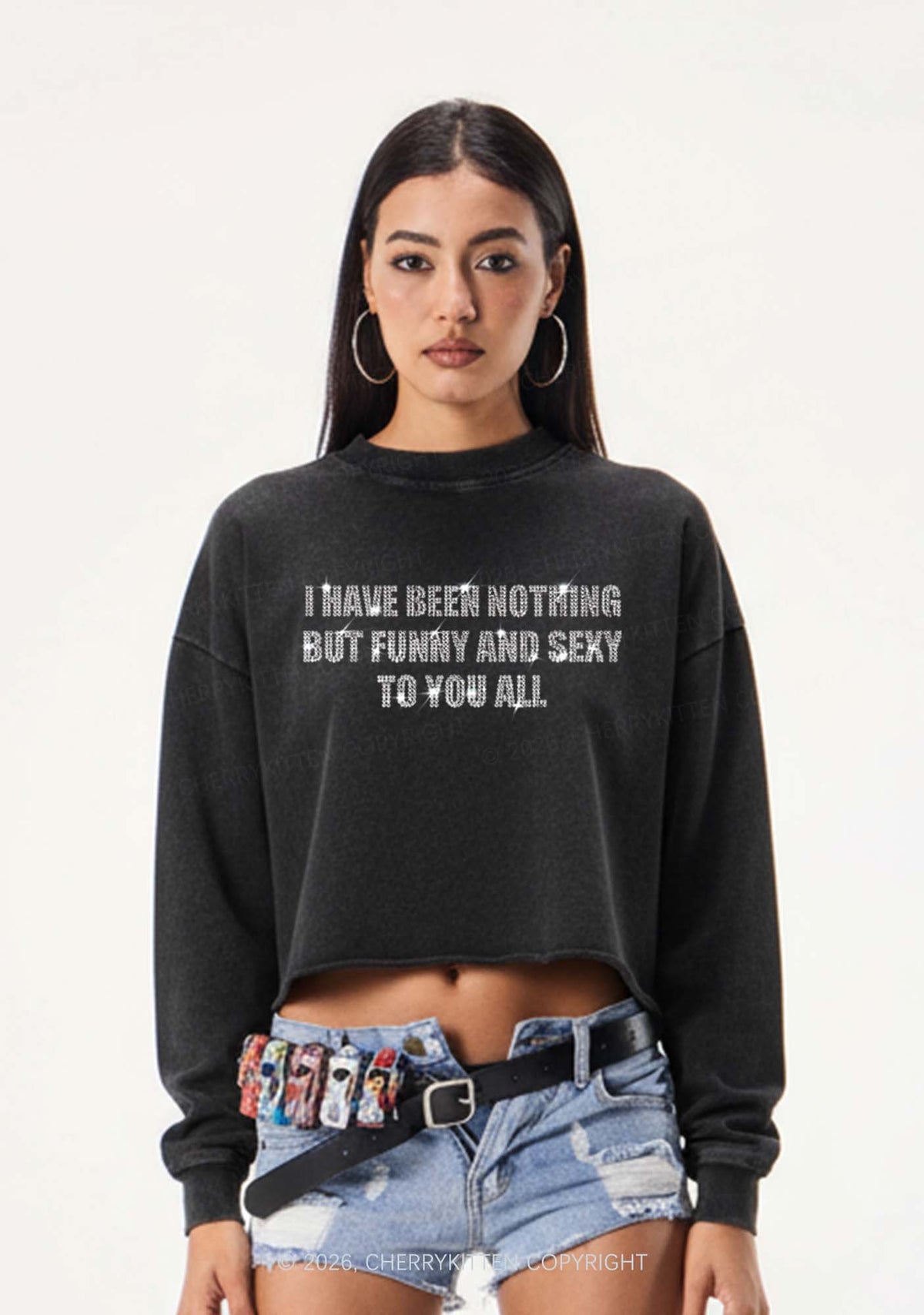 Rhinestone I Have Been Funny Y2K Crop Washed Sweatshirts Cherrykitten