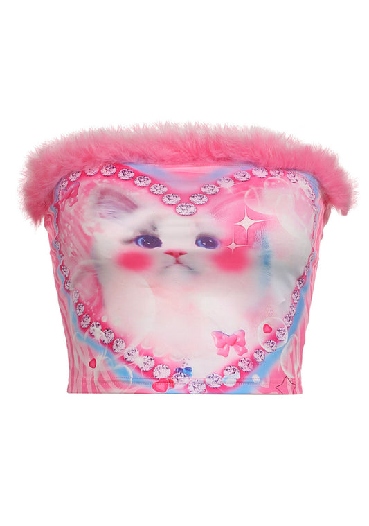 Cute Cat Print Pink Tube Top
