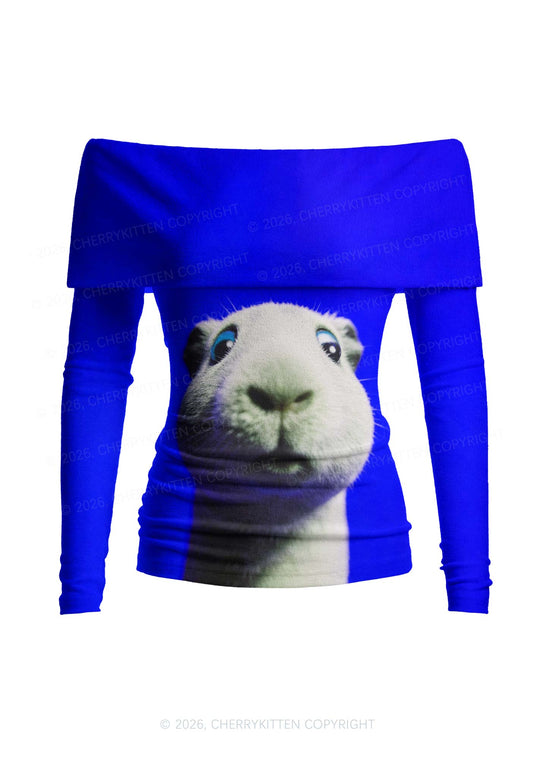 Guinea Pig On Blue Y2K Off Shoulder Fold Over Knit Top Cherrykitten