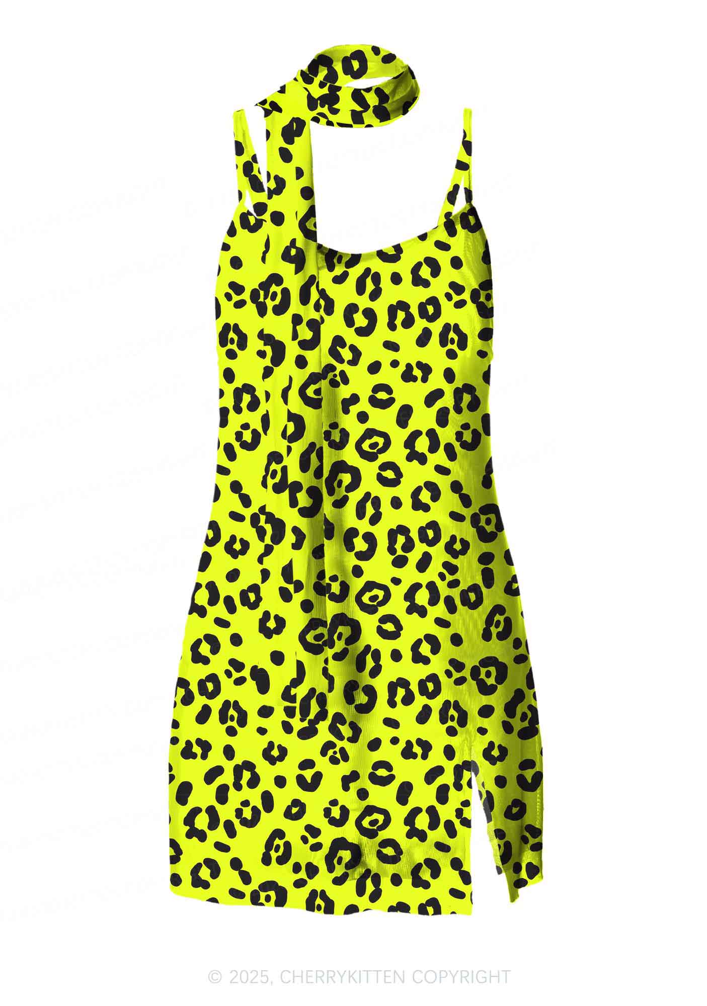 Neon Leopard Y2K Mesh Slip Dress Cherrykitten