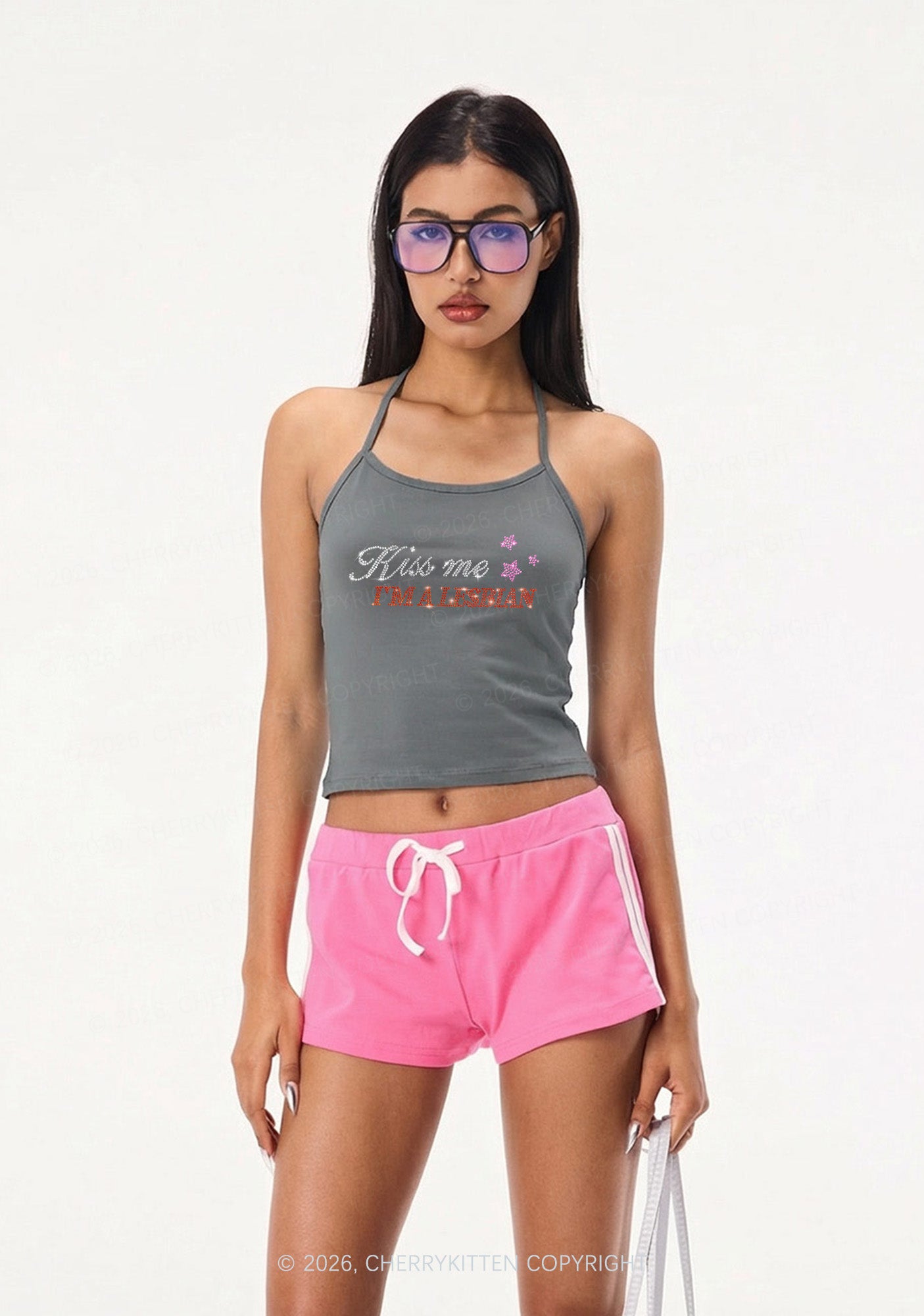 Rhinestone Kiss Me Im A Lesbian Pride Y2K Halter Neck Cami Cherrykitten