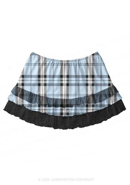 Light Blue Plaid Y2K Print Mini Layered Skirt Cherrykitten