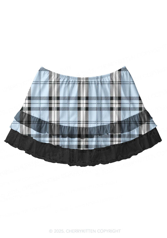 Light Blue Plaid Y2K Print Mini Layered Skirt Cherrykitten