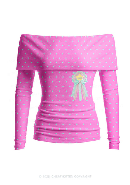 Cxxt Bow Badge Dots Y2K Off Shoulder Fold Over Knit Top Cherrykitten