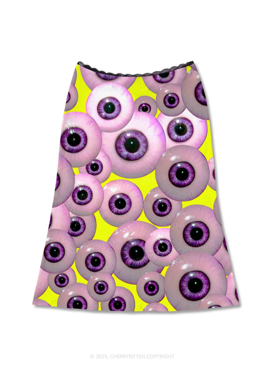 Halloween Purple Eyeballs Y2K Print Midi Skirt Cherrykitten