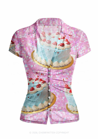 Cherry Cake Y2K Mesh Ruched  Waist  V Neck Top Cherrykitten