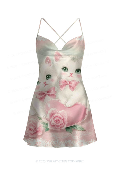 Rose Kitties Y2K Print Satin Cowl Neck Slip Dress Cherrykitten