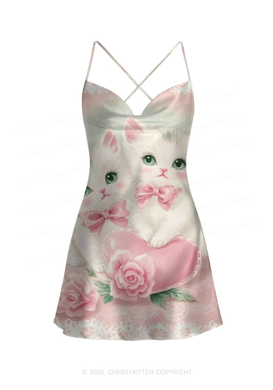 Rose Kitties Y2K Print Satin Cowl Neck Slip Dress Cherrykitten