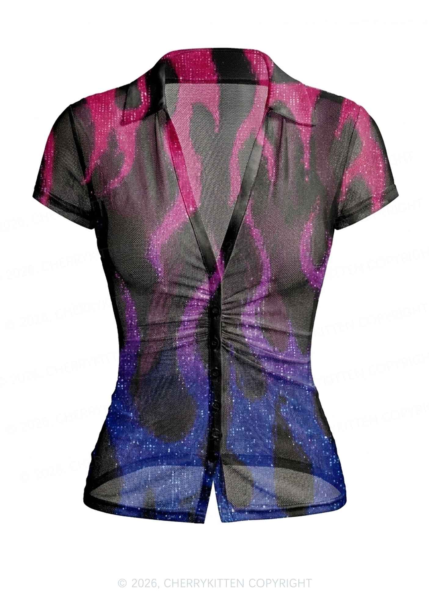 Bisexual Flame Pride Y2K Mesh Ruched  Waist  V Neck Top Cherrykitten