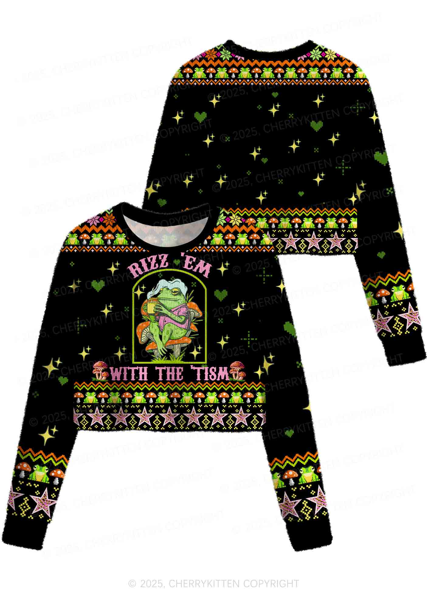 Tism Rizz Frog Y2K Christmas Crop Knit Sweatshirt Cherrykitten