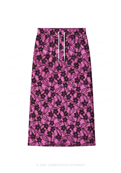 Hot Pink Floral Y2K Sport Jersey Drawstring Midi Skirt Cherrykitten
