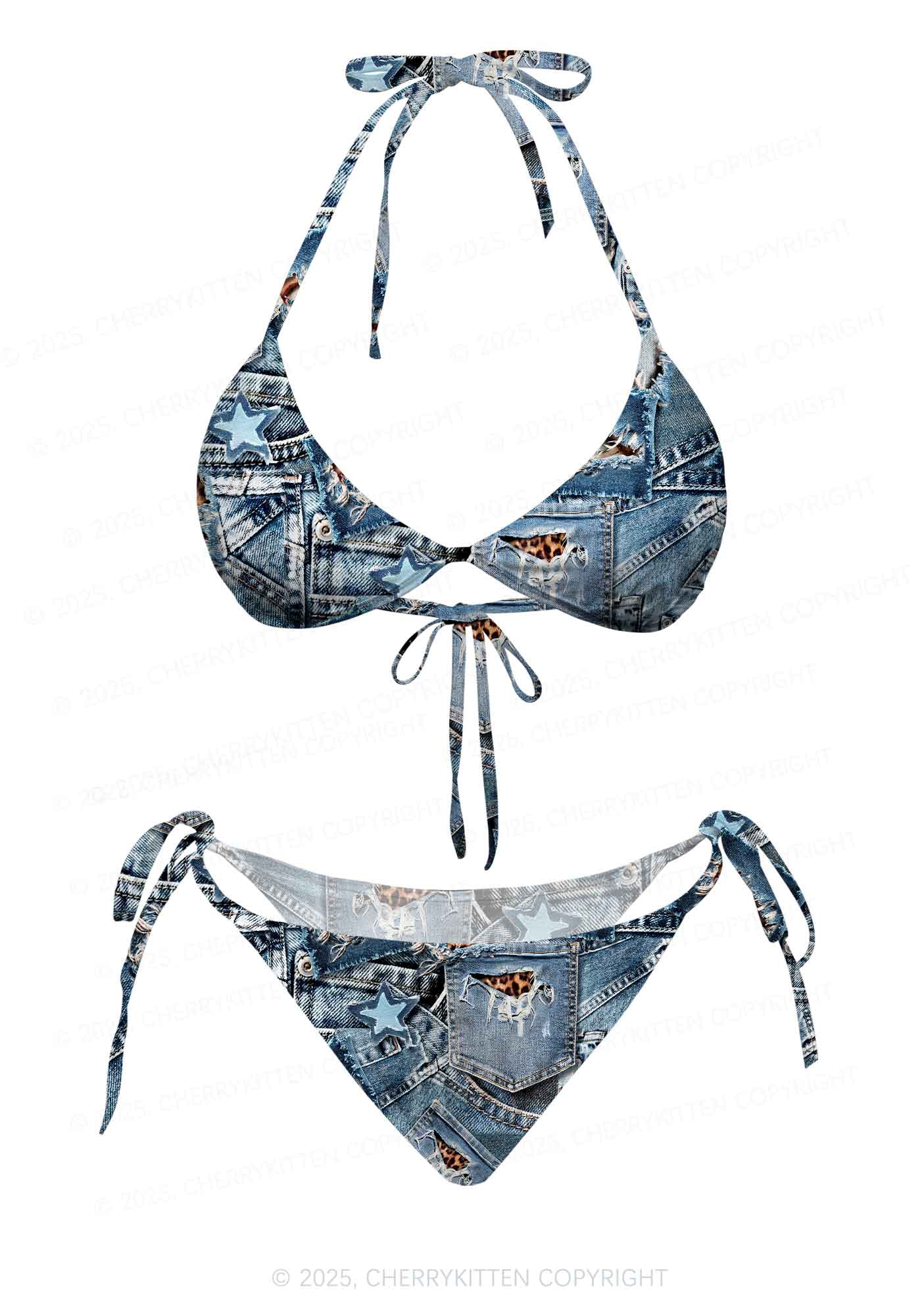 Denim Patchwork Y2K Print Bikini Set Cherrykitten
