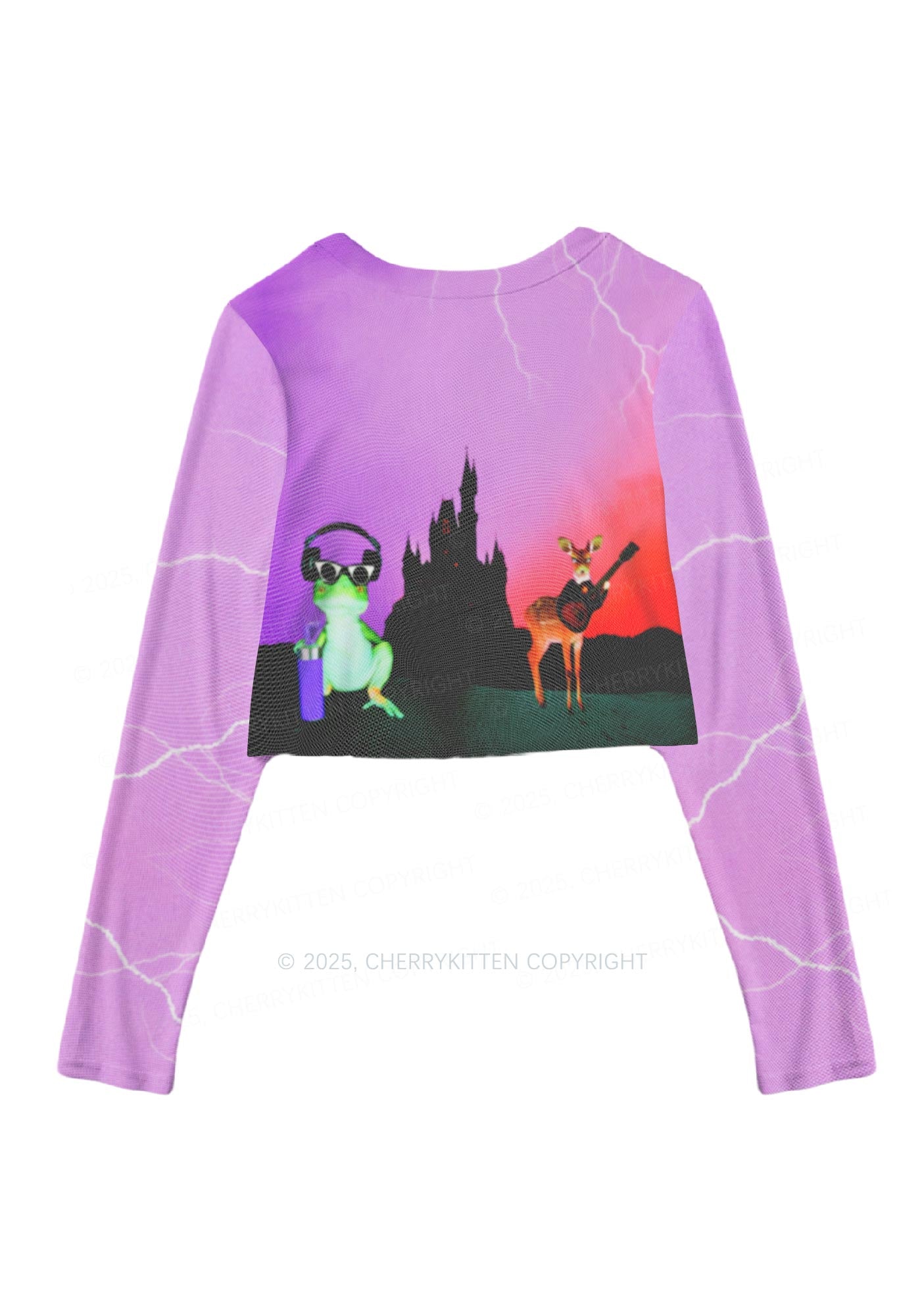 Frog Deer Castle Y2K Mesh Long Sleeve Crop Top Cherrykitten