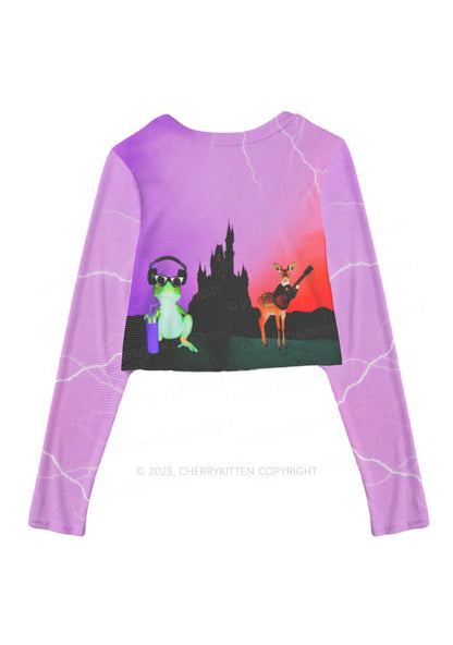 Frog Deer Castle Y2K Mesh Long Sleeve Crop Top Cherrykitten