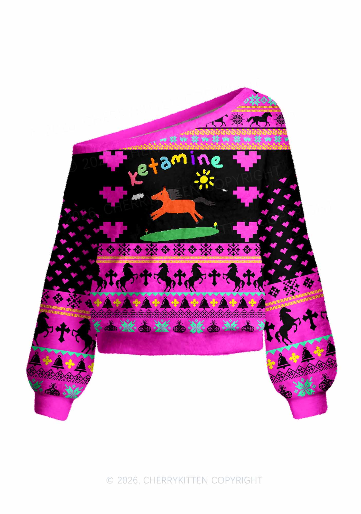 Orange Pony Y2K Off Shoulder Knit Sweatshirt Cherrykitten