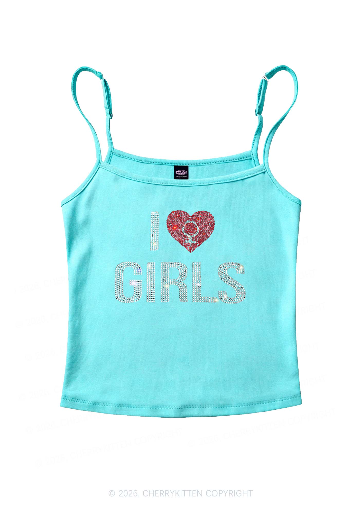 Rhinestone I Love Girls Pride Y2K Spaghetti Strap Cami Cherrykitten