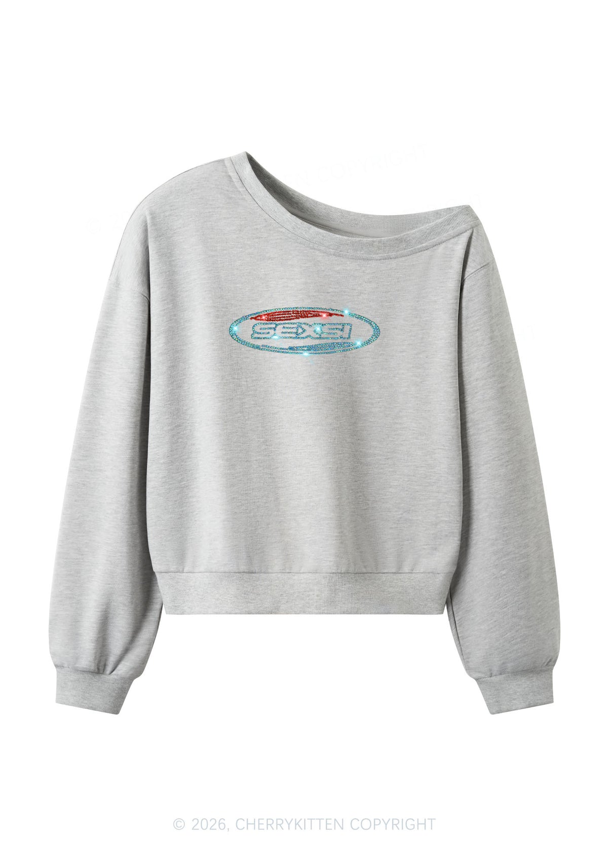 Rhinestone Sexsi Slogan Y2K Off Shoulder Sweatshirts Cherrykitten